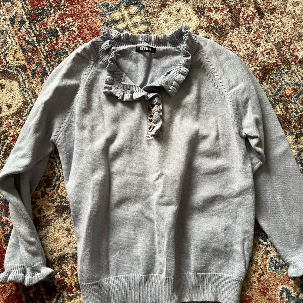 Amazon Essentials Gray Cowl Neck Sweater with Ruffle Details